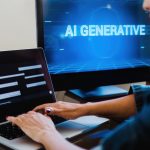 AI generative app. Woman chatting with Artificial Intelligence software. Technology