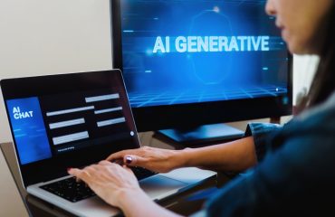 AI generative app. Woman chatting with Artificial Intelligence software. Technology