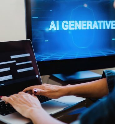 AI generative app. Woman chatting with Artificial Intelligence software. Technology