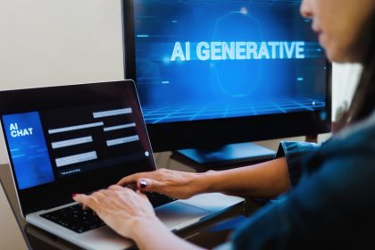 AI generative app. Woman chatting with Artificial Intelligence software. Technology
